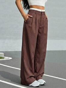 Pantalones anchos de mujer con pliegues y rayas, con cintura de bloques de color para otoño/invierno - Café integral - Ver 1