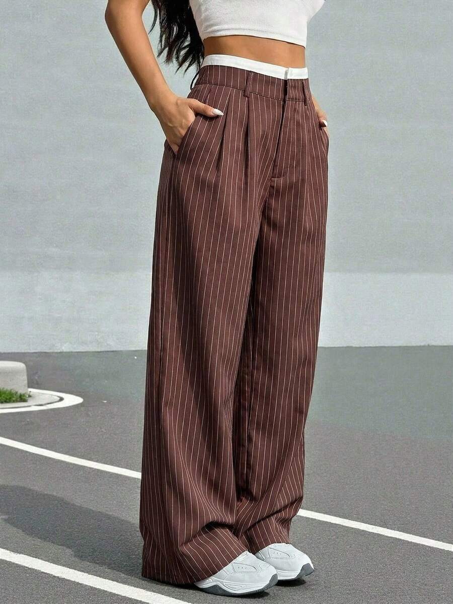 Pantalones anchos de mujer con pliegues y rayas, con cintura de bloques de color para otoño/invierno - Café integral - Ver 1