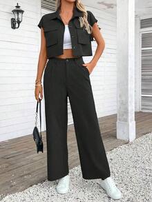 2 piezas Conjunto de top y pantalones de verano de mujer con diseño de bolsillo y abotonadura sencilla - Negro - Ver 7