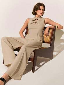 Conjunto de pantalones de cintura alta de verano, pantalones de pierna ancha con cintura alta y pliegues, pantalones sueltos y de pierna larga - Caqui 2 - Ver 4