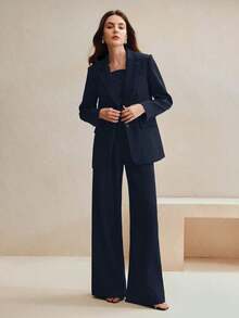 Conjunto de traje de mujer, blazer de unicolor estilo vintage + pantalones rectos, 2 piezas - Azul marino - Ver 6