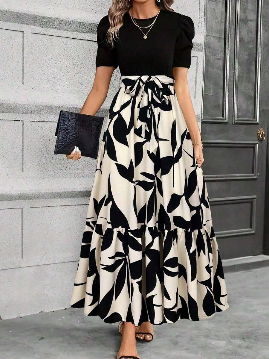 Vestido elegante de línea A con mangas abullonadas, decoración de lazo, diseño de bloques de color, cuello redondo, lavable a máquina, vestido casual para primavera/verano, adecuado para trabajo, fiesta, playa, vacaciones de lujo - Multicolor - Ver 1