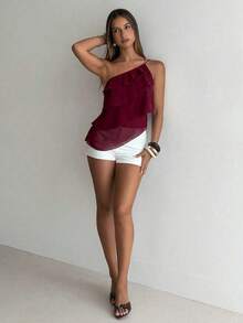 Nueva blusa elegante y romántica de primavera/verano para citas, Día de San Valentín, temporada de bodas, de gasa rosa con un hombro, espalda descubierta, volantes en capas, blusa sexy con volantes para la playa, atuendo de boda, camisa rosa elegan - Burdeos - Ver 4