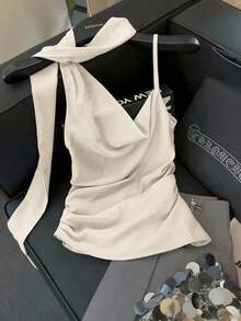 Blusa de tirantes asimétrica plisada en la cintura de unicolor, elegante y casual, ideal para primavera/verano, paseos, vacaciones, tardes de té, San Valentín, bodas y fiestas - Albaricoque - Ver 1