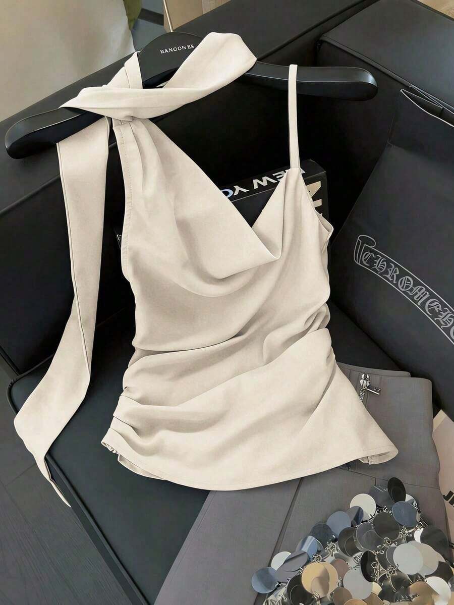 Blusa de tirantes asimétrica plisada en la cintura de unicolor, elegante y casual, ideal para primavera/verano, paseos, vacaciones, tardes de té, San Valentín, bodas y fiestas - Albaricoque - Ver 1