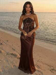 Blusa de mujer elegante con cuello de halter, estampado de tinte anudado y gasa para vacaciones en la playa - Marrón 2 - Ver 8