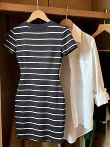 Vestido mini casual de mujer a rayas, de verano - Negro - Ver 2