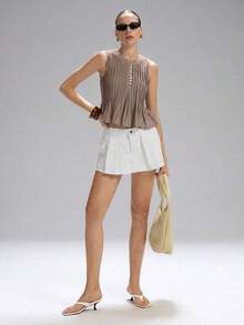 Primavera/Verano Nueva Blusa de Lino sin Mangas con Cintura Plisada para Mujer, Minimalista Casual, Estilo Vacacional, Marrón - Marrón - Ver 5