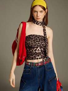 Top de bandeau fruncida con estampado de leopardo y bufanda - Multicolor 2 - Ver 7