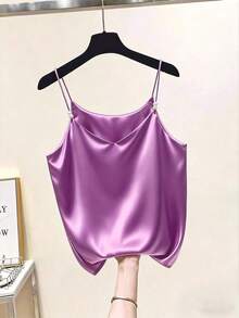 Elegante camiseta de satén con escote en V francés delicado y decoración de perlas, adecuada como prenda de superposición para mujeres - Morado - Ver 4