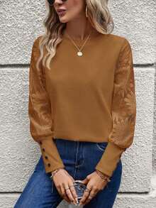 Blusa de mujer con mangas de encaje floral, parches y tejido de gofre, color blanco - Café integral - Ver 6