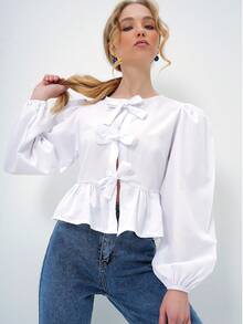 Elegant Casual Women Long Sleeve Stand Collar Button Down Shirt Blouse - White - View 5
