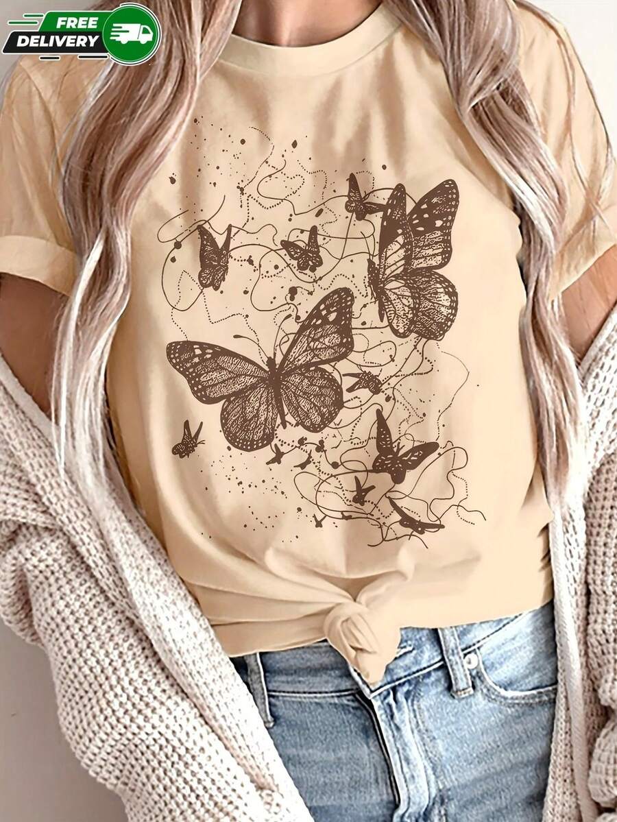 Camiseta de manga corta para mujer con estampado de mariposas detalladas, cuello redondo, de poliéster, apta para uso diario, salidas casuales, fin de semana y vacaciones, estilo bohemio casual, ideal para primavera y verano, envío gratis en México. - Albaricoque - Ver 1