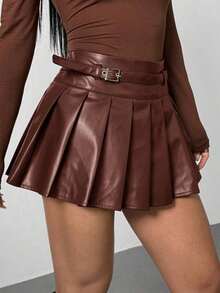 PETITE Falda de cuero plisada con hebilla de diseño de color marrón chocolate sólido para mujer, falda plisada de cuero, falda de patinadora, otoño para mujer, invierno para mujer, Halloween, casual de negocios, estilo de dinero antiguo - Marrón Chocolate - Ver 3