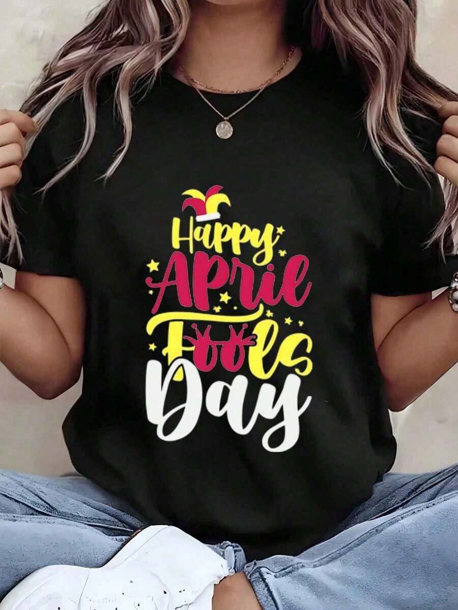 Women's T-Shirt With Happy April Fools' Day Print, Round Neck, Casual Style For Spring And Summer, Funny Gift, 220g - Urban Vintage Style, Unisex, Loose Fit, Cotton, Short Sleeve, Round Neck, 100% Cotton - 黑色 - 查看 1
