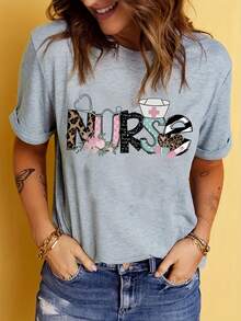 Plus Size Nurse Letter Print T-Shirt, Casual Short Sleeve Round Neck T-Shirt, Plus Size Women's Clothing. - 黑色 - 查看 1