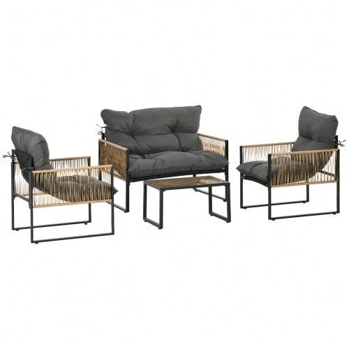 Outsunny 4-Piece Rattan Garden Furniture Set With Cushions, Garden Seating Set, 1 Glass Coffee Table, 2 Armchairs, 1 Loveseat, Elegant Seating Set - 深灰色 - 查看 1