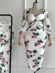 Vestido midi cuello cuadrado estampado estilo corte real vintage otoño 2026, tejido elástico y corte ajustado en cadera - Blanco - Ver 1