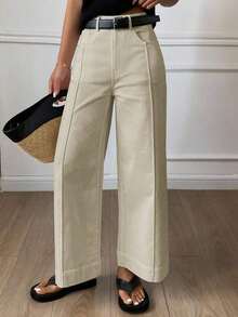 Pantalones holgados con vuelo y bolsillos para mujer, pantalones casuales de unicolor estilo callejero para otoño - Caqui - Ver 6