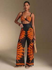 Swim Oasis Traje de baño de una pieza con camisola de patchwork de colores y pantalones de pierna ancha, adecuado para vacaciones en la playa, fiestas en la piscina y fiestas en la playa - Naranja - Ver 6