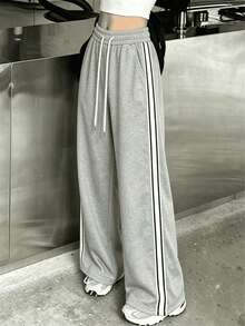 Pantalones largos con cordón y rayas laterales para mujer - Gris - Ver 6