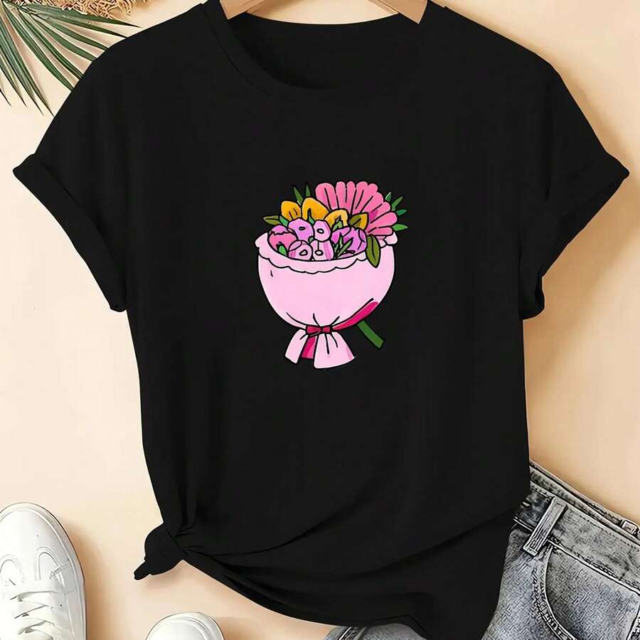 Essential Comfclothestable Women's T-Shirt, Soft Round Neck, Fashionable Print - Negro - Ver 1