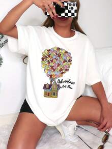 Summer New Arrival Women's Adventure Theme Casual Loose Cotton White Short Sleeve Graphic T-shirt Women's Fitted Short-Sleeve Tee with Fun Graphics, Perfect for Everyday & Casual Work Looks - Blanco - Ver 1