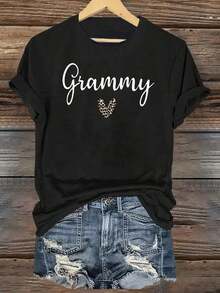 Playera minimalista moderna, camiseta gráfica vintage con estampado Grammy y patrón de corazón con estampado de leopardo - Camiseta cómoda, casual y transpirable para mujer - Ropa de moda para mujer. - Negro - Ver 7