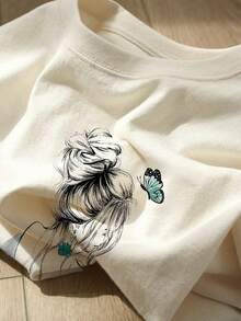 Short-Sleeved T-Shirt With Hand-Drawn Style Print And Round Neck - Apricot - View 12