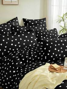 Bộ 2/3 món họa tiết trái tim đen trắng dễ thương, ga trải giường bằng sợi microfiber mềm mại, thoáng khí, không nhăn, giúp ngủ ngon hơn, phong cách khách sạn sang trọng, quà tặng cho bố mẹ, bạn bè, chăn bông, ga trải giường*1, vỏ gối*1/2, cỡ King Queen Full Twin, đồ dùng gia đình, đồ dùng học tập. - màu đen - Xem 7
