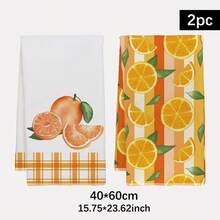 2pcs Kitchen Towels, Summer Striped Plaid Orange Print, 40*60cm Modern Style Rectangular Super Soft Fiber Kitchen Towels, Dish Cloths, Hand Towels, Kitchen Decor, Housewarming Gift, Suitable For Kitchen And Bathroom, Great For Housewives And Family Gatherings, High Cost-Performance, Household Essential - Orange - View 2