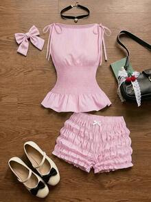 Conjunto de 2 piezas de top sin mangas y shorts con estampado de lunares en contraste para mujer - Rosa - Ver 1