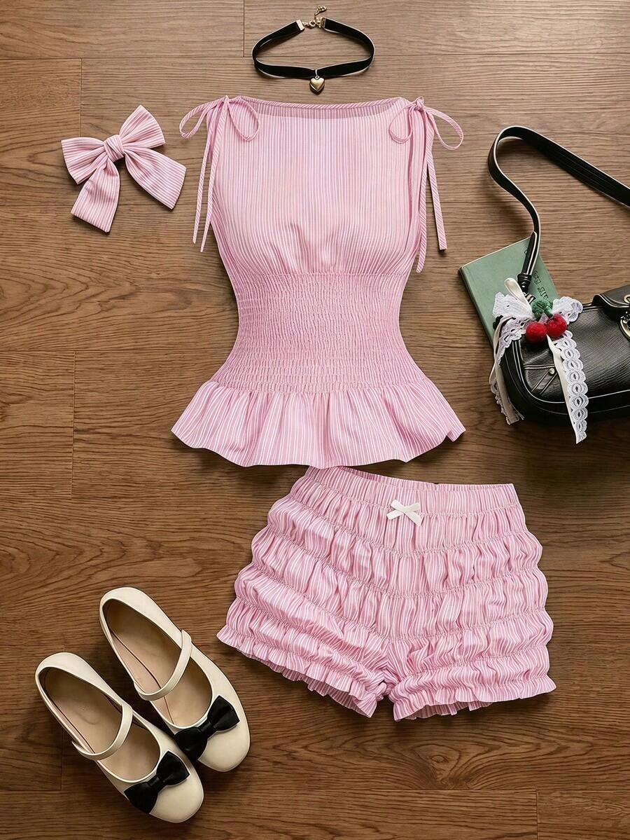 Conjunto de 2 piezas de top sin mangas y shorts con estampado de lunares en contraste para mujer - Rosa - Ver 1