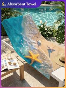 1pc Microfiber Beach Towel With Seawave & Starfish Print, Available In Multiple Sizes, Lightweight, Suitable For Swimming, Camping, Sports, Beach Or Gym, Beach Accessories | Modern Beach Towel | Durable Beach Mat, Beach Towel - Sea Waves and Starfish - View 9