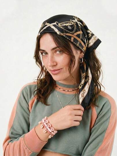 1pc Elegant Chain Pattern Printed 70cm Square Scarf, Suitable For Casual And Street Wear, Fashion Bandana/Headband/Headscarf, Outdoor Sun Protection Accessory To Decorate Your Look