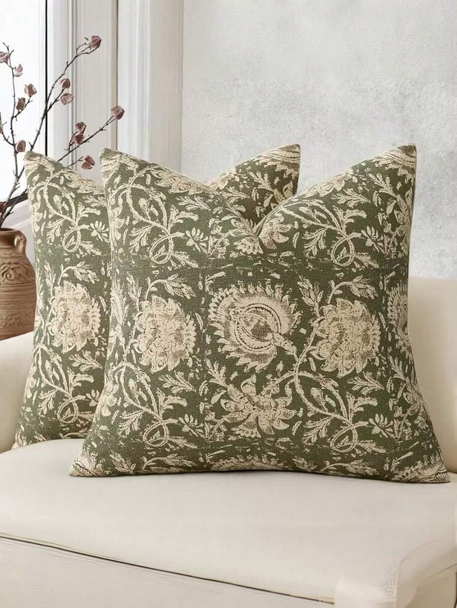 Bộ 1/2/4 vỏ gối in họa tiết hoa retro nhiều kích cỡ, kiểu dáng hiện đại trung tính, vỏ gối trang trí, trang trí nhà kiểu Bohemian, phù hợp cho ghế sofa, ghế bành, giường ngủ, phòng khách, màu xanh ô liu. - Màu xanh Ô liu - Xem 1