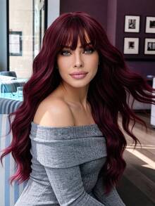 XOUJE 26 Inch Burgundy Long Wavy Wig With Bangs - Plum Red Heat Resistant Synthetic Machine Made Natural Hair For Women's Daily Wear, Cosplay & Party - Redwood - View 5