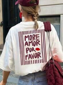 Women's Short-Sleeved T-Shirt With A Retro "More Love Please" Print, Spanish Aesthetic Style, Loose Fit, Round Neck, Casual Top, Suitable For Everyday Wear, Streetwear, Summer Outings, And Vacations. White. 100% Cotton. - 白色 - 查看 7