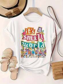 Camiseta Casual de Manga Corta para Mujer Estilo Vintage - Diseño de Castillo Colorido y Personajes de "It's A Small World", Cuello Redondo, Top de Verano, Lavable a Máquina, Camisetas para Damas, Ropa Casual, Aspecto Moderno, Ajuste Cómodo  
 -WhiteFashion - Blanco - Ver 2