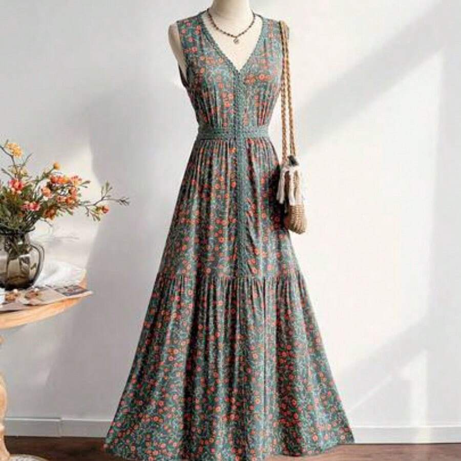 Long Sleeveless Casual Vacation Dress With Lace Collar, Suitable For Bohemian, Beach, Tropical Resort Occasions, New Year Party Outfit White Summer Elegant - Verde - Ver 1