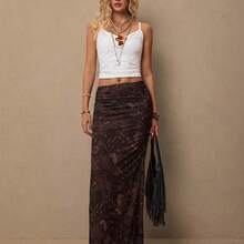 Freevana Women's Casual Bohemian Retro Western Paisley Cashew Flower Print Versatile Brown Knit Skirt, Suitable For Spring, Music Festival - Blanco y Negro - Ver 7