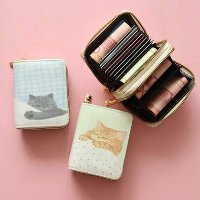 Women's Cute Cat Short Wallet, Multi-Functional All-In-One Card Holder, Large Capacity Coin Purse With Dual Zipper