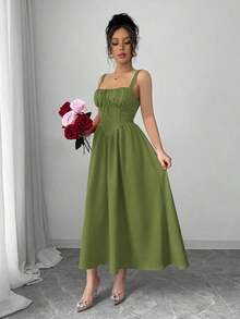 Vestido largo de verano 2025 de color rojo sólido, elegante y con volantes, lazo delantero, espalda con tirantes, cintura asimétrica estilizadora y bajo en forma de A, ideal para el Día de San Valentín y las vacaciones - Verde - Ver 5