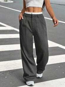 Pantalones anchos de mujer con pliegues y rayas, con cintura de bloques de color para otoño/invierno - Gris - Ver 5