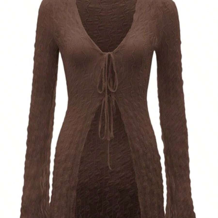 ICON 91s Bell Sleeve Tie Front Textured Sheer Black Top - Marrón Chocolate - Ver 1