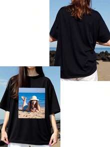 Camiseta personalizada de mujer talla grande, personalización de Halloween, sube tu foto/PNG/foto de grupo, camiseta de mujer de corte holgado de cuello redondo talla grande, camiseta gráfica personalizada, top negro de mujer, regalo de Halloween, regalo del Día de San Valentín, regalo de cumpleaños, regalo para la mejor amiga, top de verano para mujer, mejor amiga personalizada, top negro sólido de talla grande para mujer - Negro - Ver 3