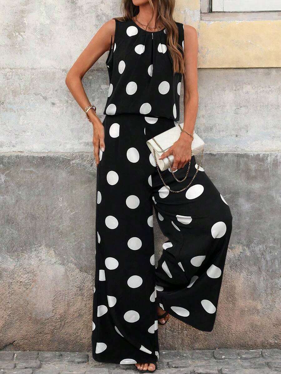 Clasi Conjunto de pantalones anchos plisados con lunares blancos y negros de cuello redondo y sin mangas, holgado, elegante para uso diario, ir a trabajar, moda primavera/verano - Blanco y Negro - Ver 1
