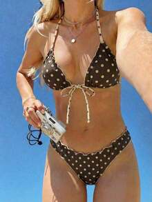 Conjunto de bikini de dos piezas con estampado de lunares, camiseta con lazo sexy y traje de baño para vacaciones en la playa para mujer - Marrón - Ver 1