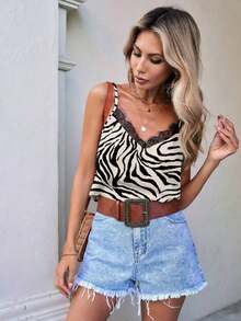 Camiseta de verano para mujer con estampado de leopardo marrón, de estilo minimalista, retro y elegante, versátil para uso diario o vacaciones.Camiseta de mujer con escote en V y encaje de contraste a la moda - Multicolor 4 - Ver 9