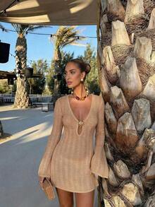 Vestido de manga larga de punto para mujer, estilo de vacaciones en la playa - Camello - Ver 3